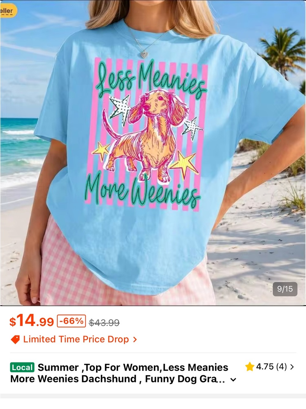 SHEIN Light Blue Tee with Pink Dachshund Graphic
